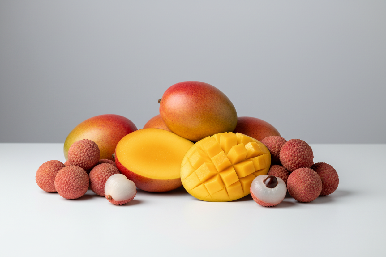 perfect background now allign the fruits aesthetically please and open one mango and a few lychees
